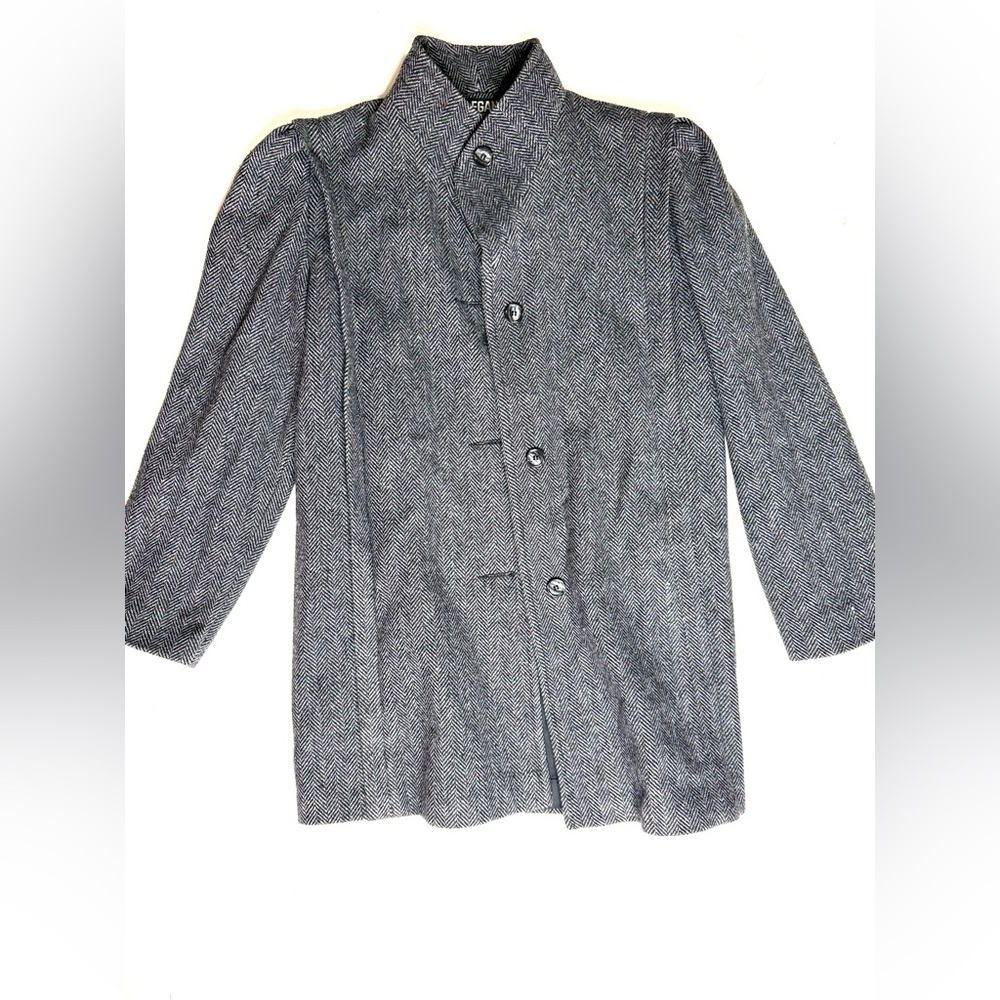 Vintage Elegance Couture Herringbone Wool Coat 3/4 Sleeve Puff Shoulder SZ M